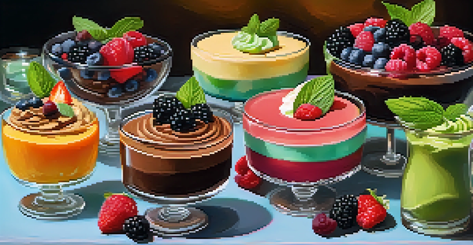 A dessert table showcasing an assortment of vegan desserts, including chocolate mousse, cheesecake, and coconut sorbet, beautifully presented.