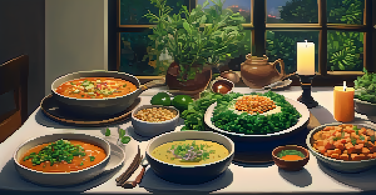 A dining table set with a variety of delicious vegan dishes, including stir-fry, salad, and soup, illuminated by soft candlelight.