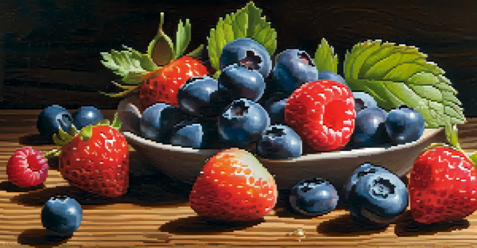 A close-up view of fresh blueberries and strawberries on a wooden surface, illuminated by soft sunlight.