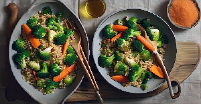 A colorful stir-fry with Brussels sprouts, carrots, and broccoli in a pan, served over brown rice with sesame seeds sprinkled on top.