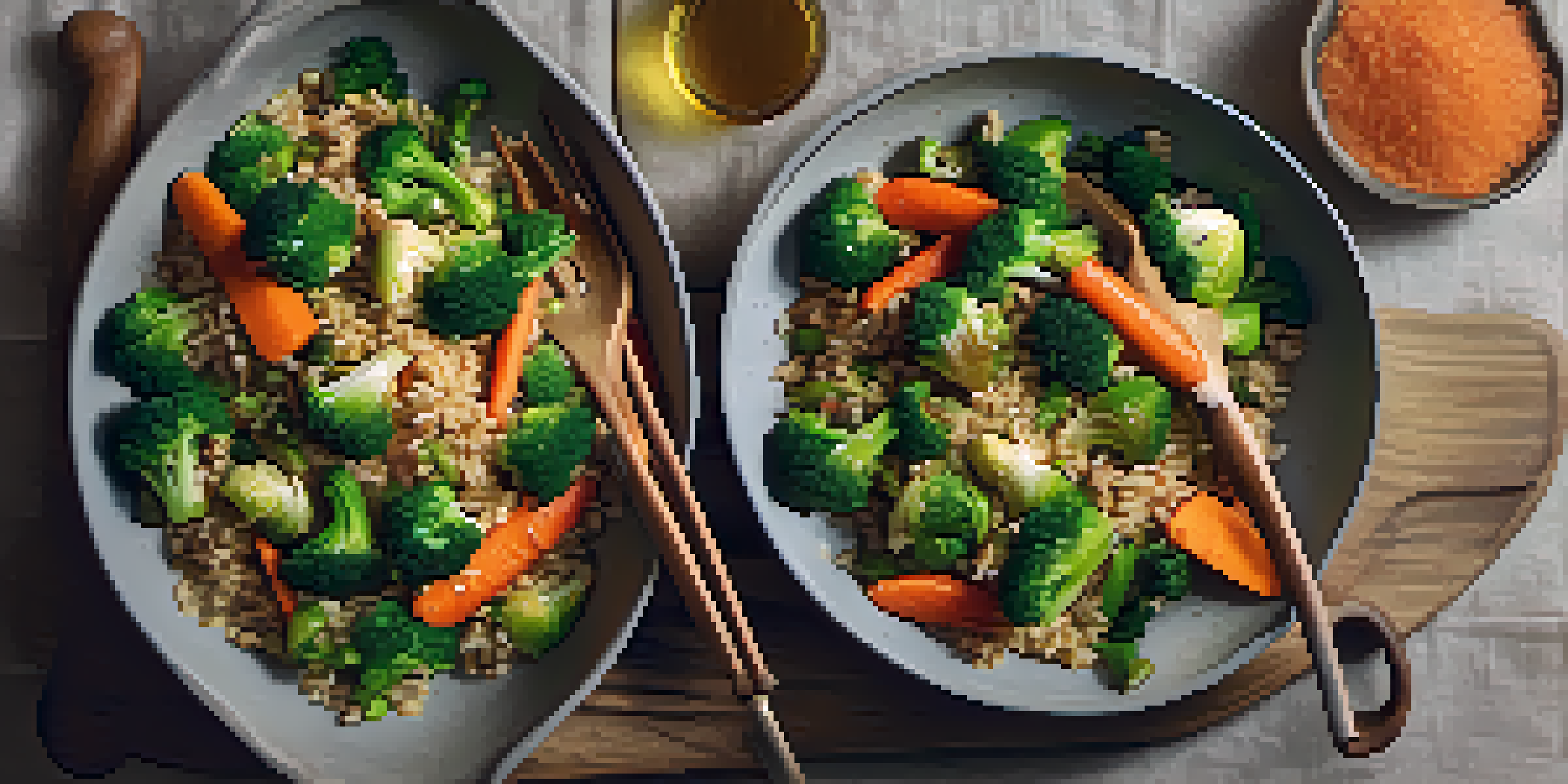 A colorful stir-fry with Brussels sprouts, carrots, and broccoli in a pan, served over brown rice with sesame seeds sprinkled on top.