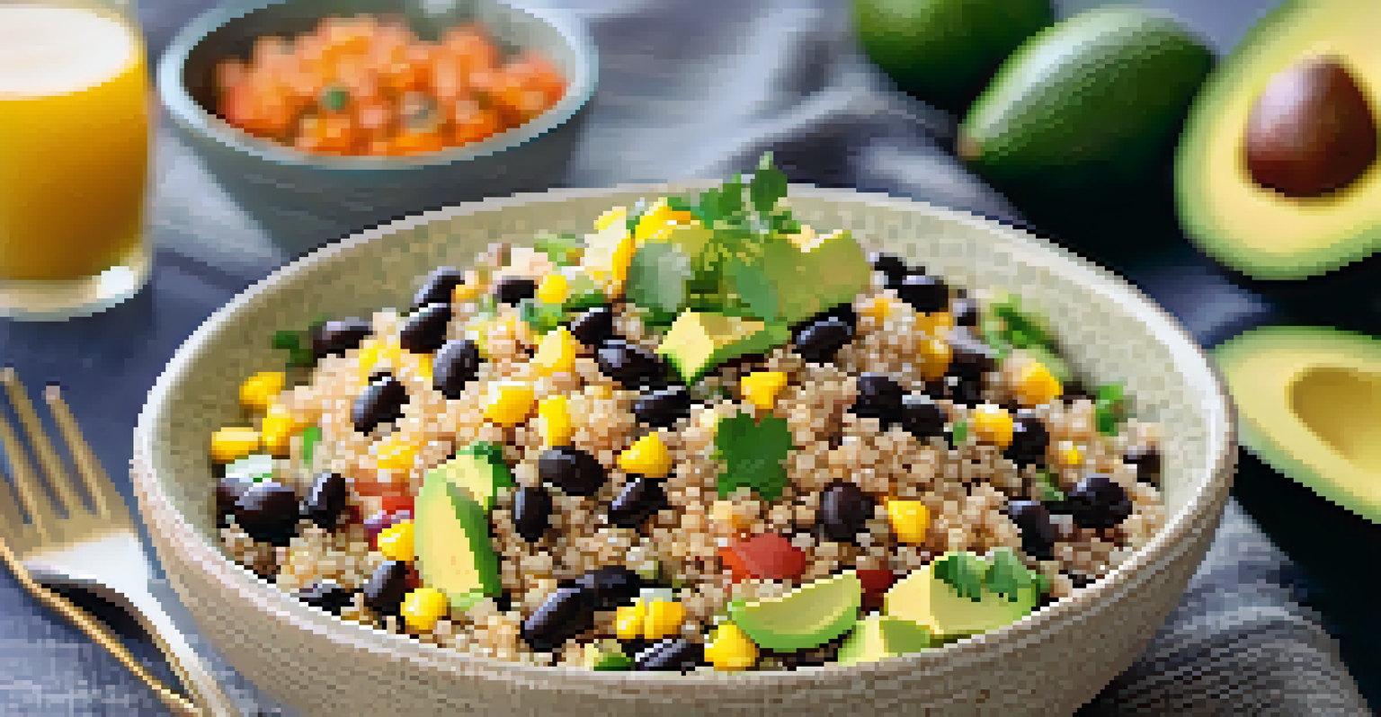 A close-up view of a colorful quinoa salad with black beans, corn, and avocado in a rustic bowl, set on a textured linen tablecloth.