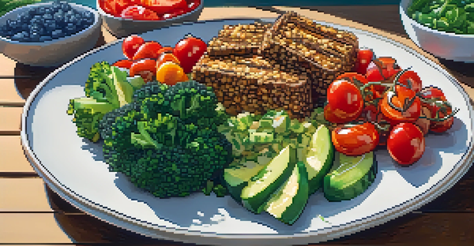 A colorful vegan meal with tempeh, quinoa salad, broccoli, and chia seeds on a plate, illuminated by natural light.