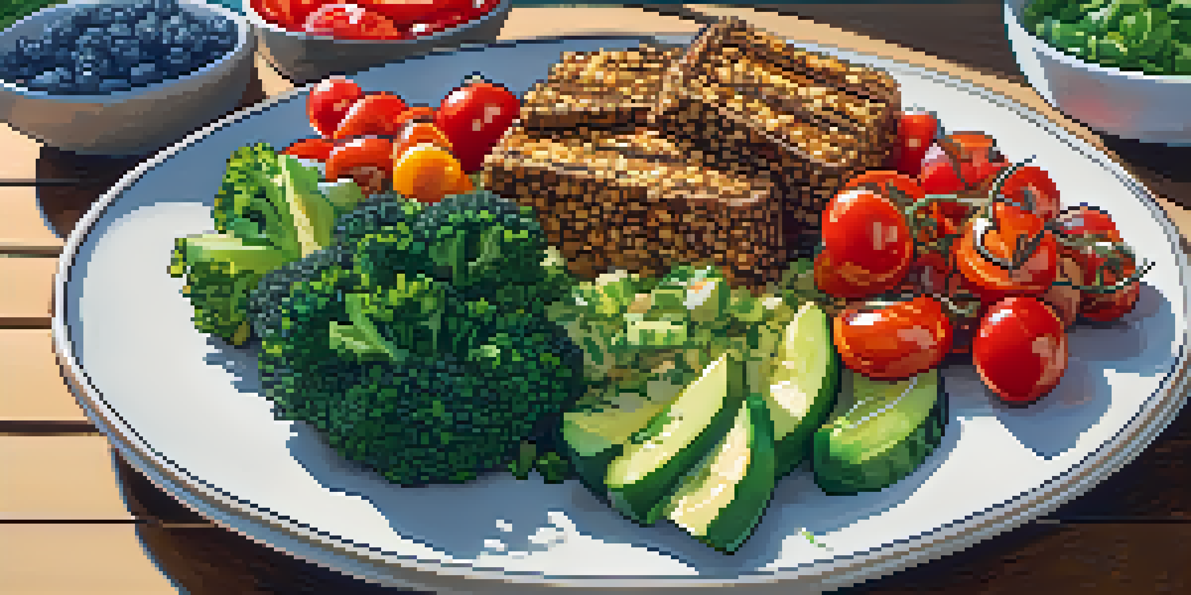 A colorful vegan meal with tempeh, quinoa salad, broccoli, and chia seeds on a plate, illuminated by natural light.