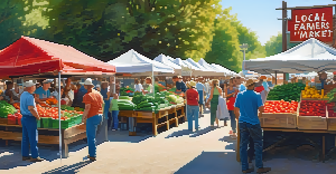 A lively farmers' market with colorful produce stalls and people interacting in a sunlit setting.