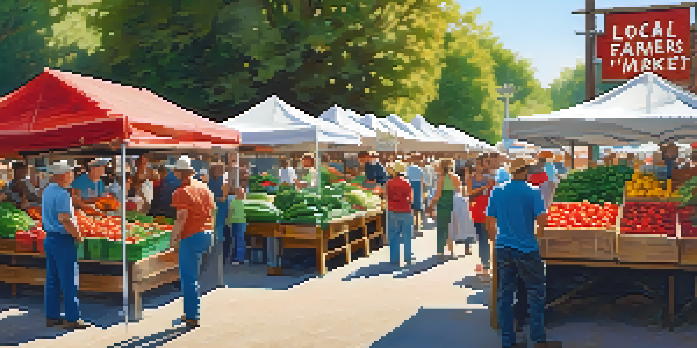 A lively farmers' market with colorful produce stalls and people interacting in a sunlit setting.