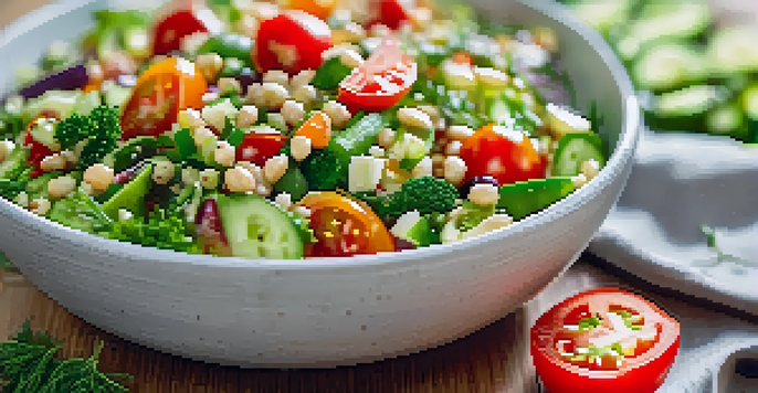 A colorful vegan salad with barley, fresh vegetables, and herbs, drizzled with citrus dressing.