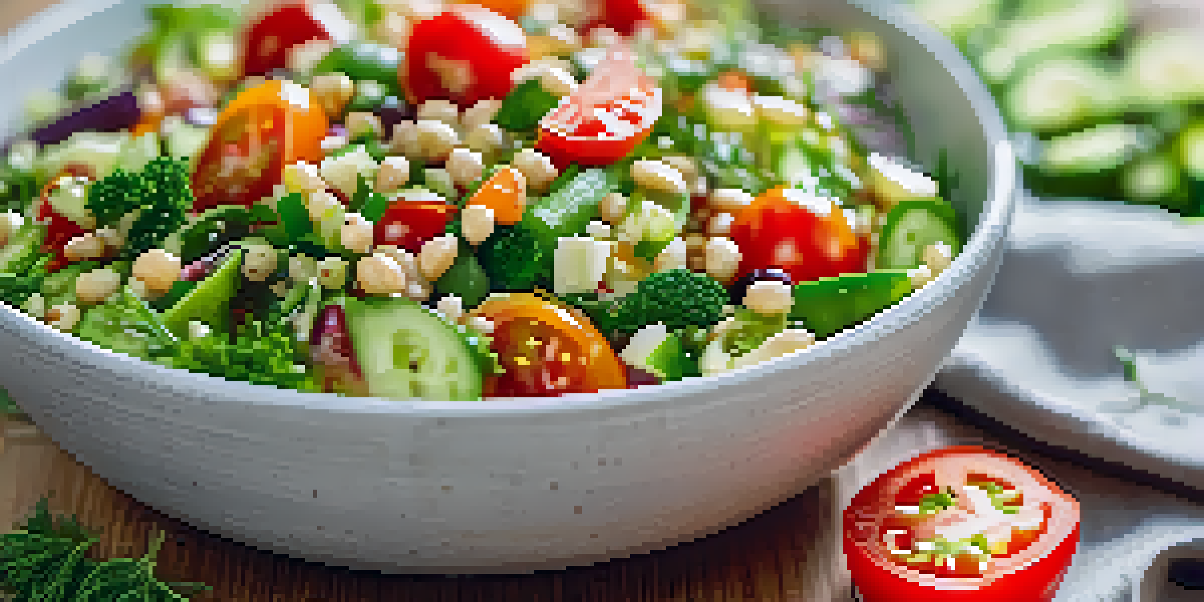 A colorful vegan salad with barley, fresh vegetables, and herbs, drizzled with citrus dressing.