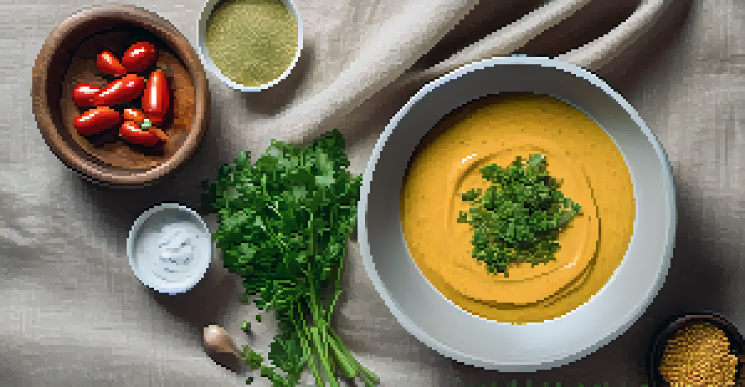 An overhead view of a bowl of creamy vegan sauce garnished with herbs, set on a textured napkin with spices and vegetables in the background.