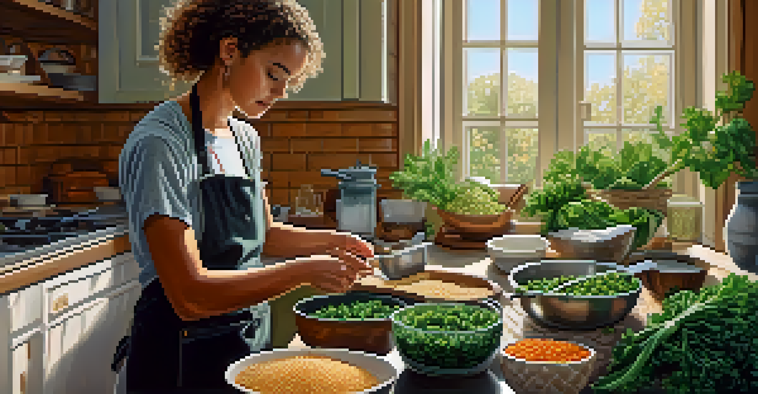 A person cooking a vegan meal in a cozy kitchen filled with fresh ingredients and greenery, illuminated by natural light.