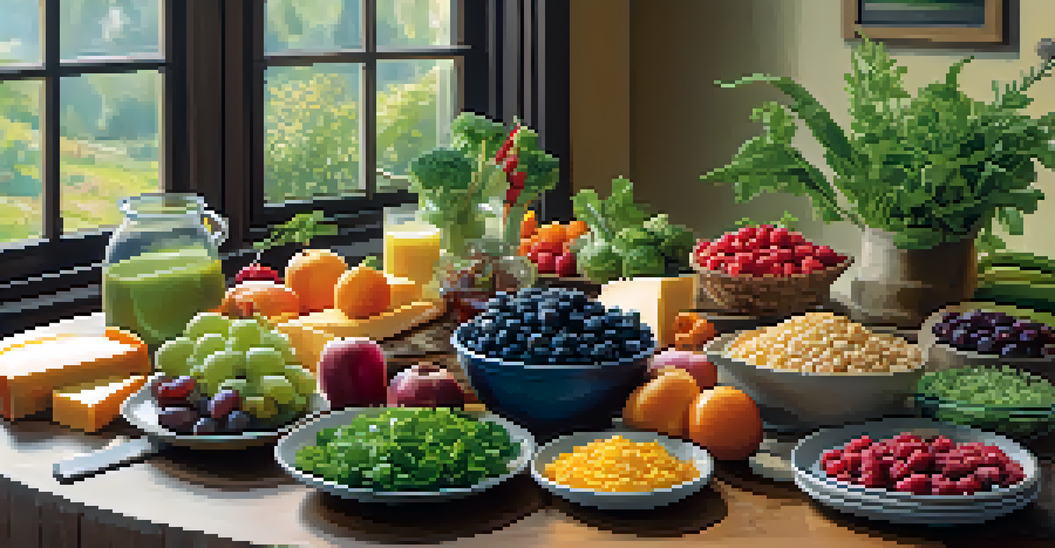 A vibrant display of plant-based foods and vegan alternatives on a wooden table, showcasing healthy eating options.