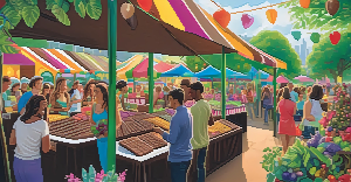 A lively vegan chocolate festival with people sampling chocolate at colorful booths surrounded by greenery.