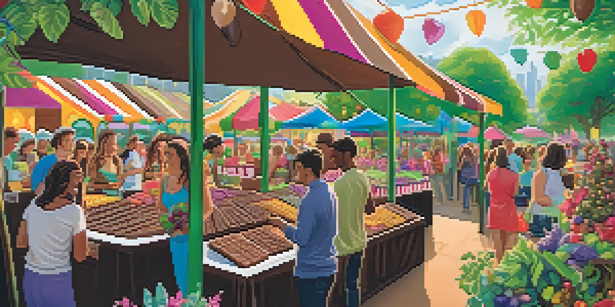 A lively vegan chocolate festival with people sampling chocolate at colorful booths surrounded by greenery.