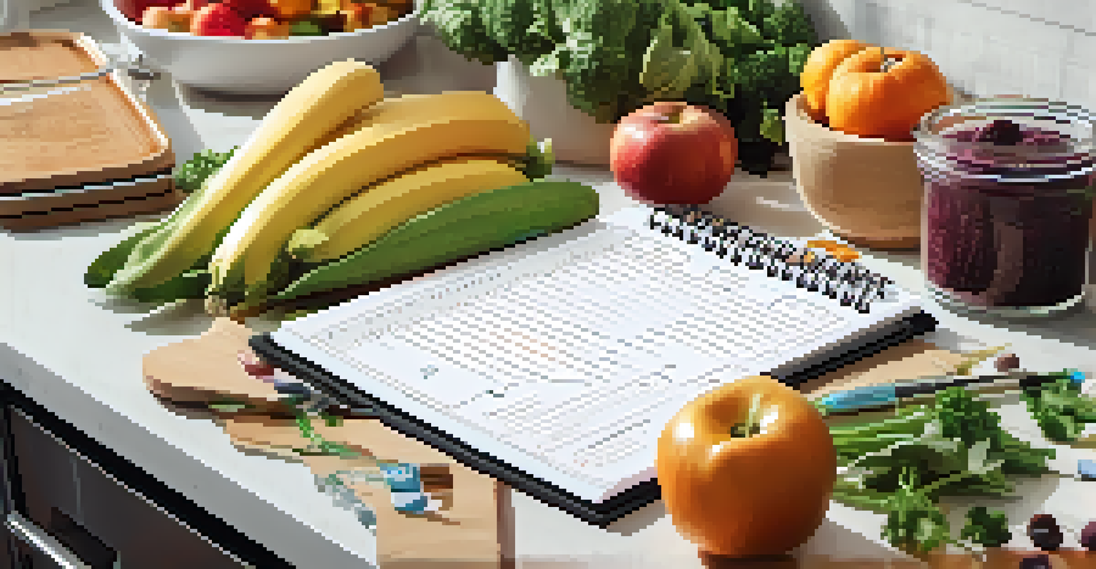 A weekly meal planner on a kitchen counter with healthy vegan recipes, surrounded by fresh produce and a shopping list.