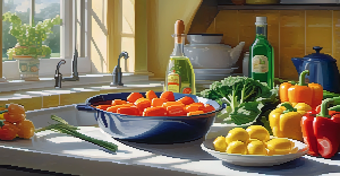 A kitchen countertop with a bottle of canola oil and fresh vegetables, including bell peppers and carrots, next to a frying pan with stir-fried vegetables.