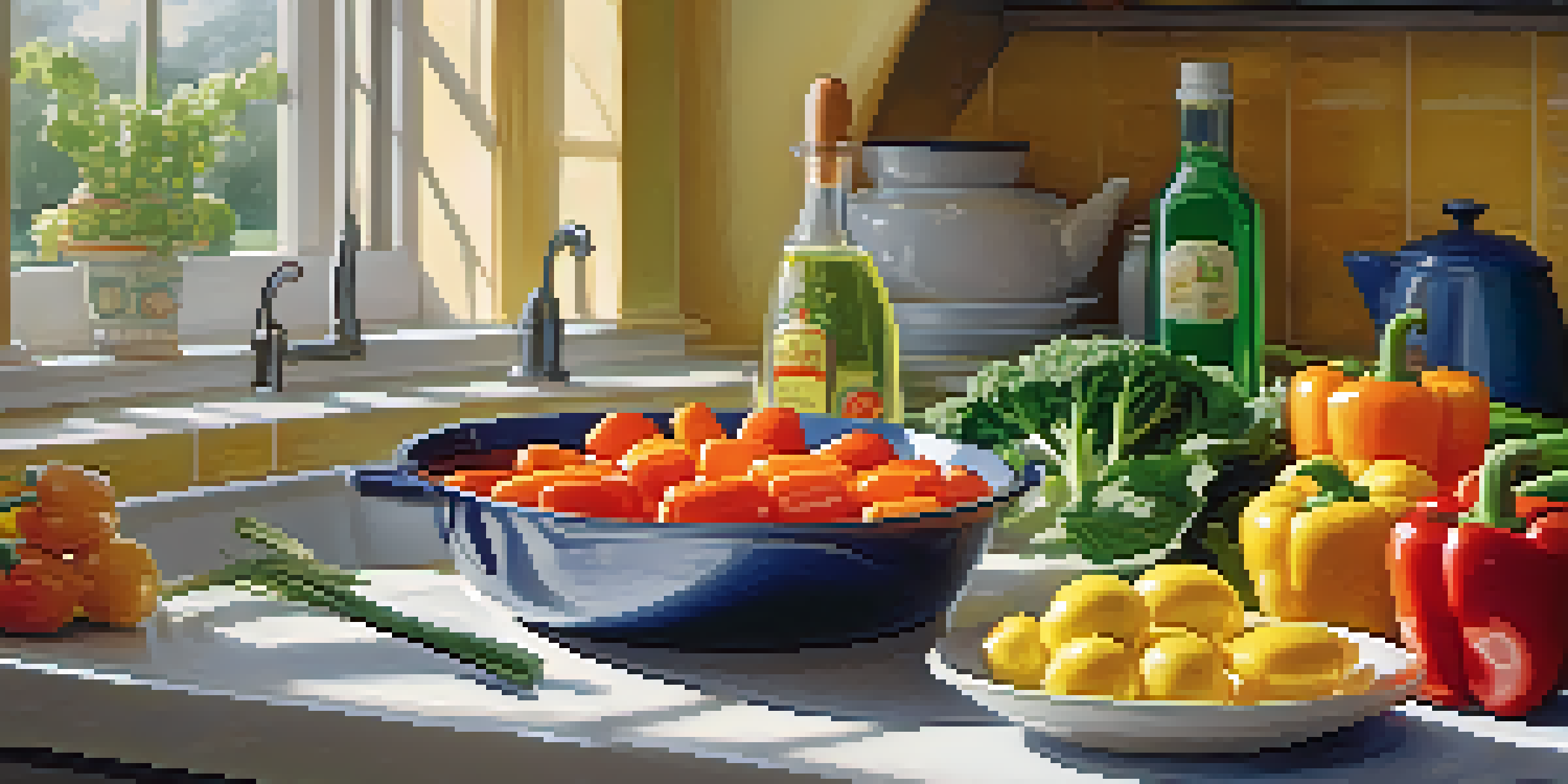 A kitchen countertop with a bottle of canola oil and fresh vegetables, including bell peppers and carrots, next to a frying pan with stir-fried vegetables.