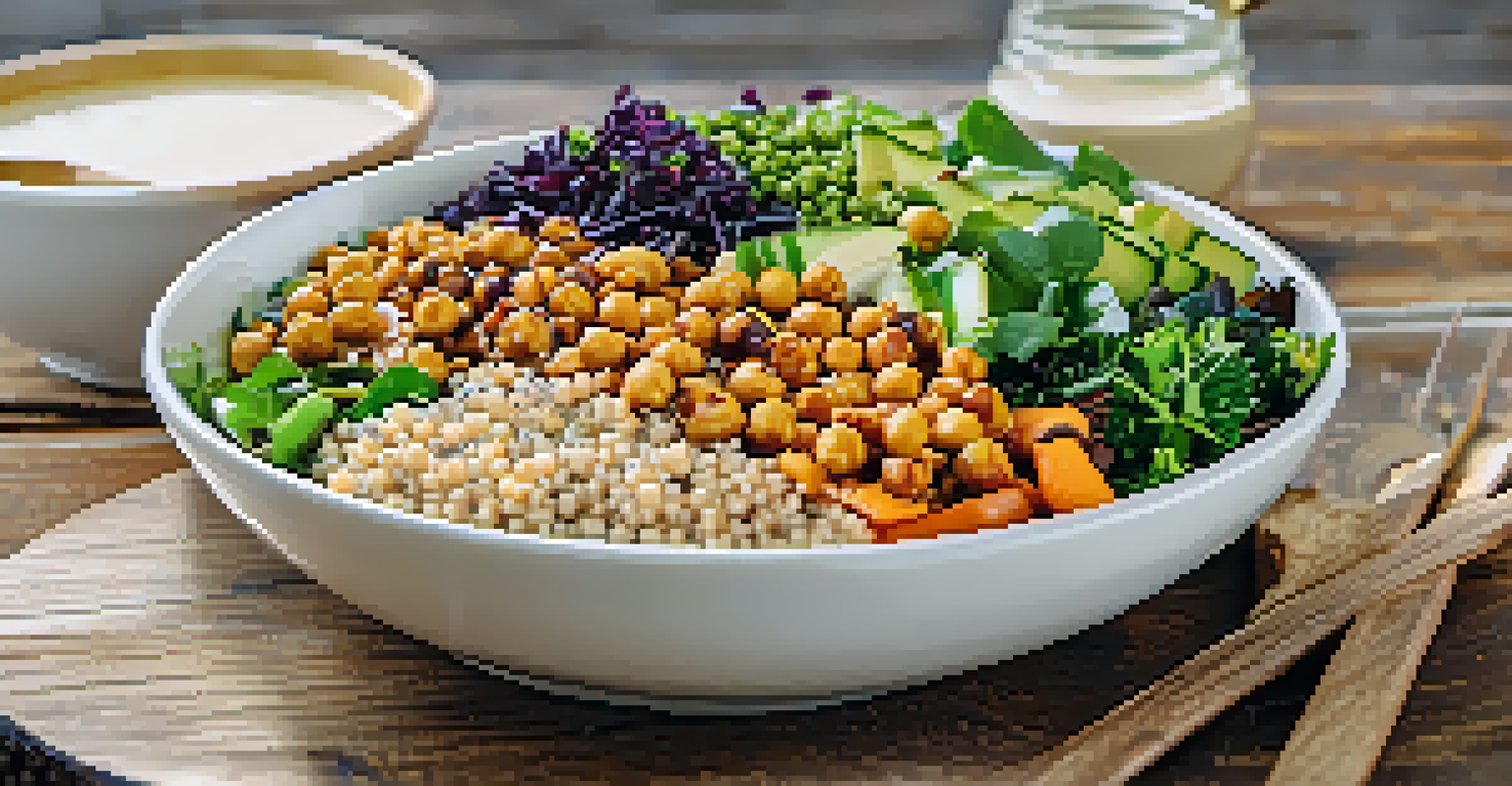 A colorful vegan Buddha bowl filled with quinoa, roasted chickpeas, mixed greens, and vegetables, topped with tahini sauce on a rustic wooden table.