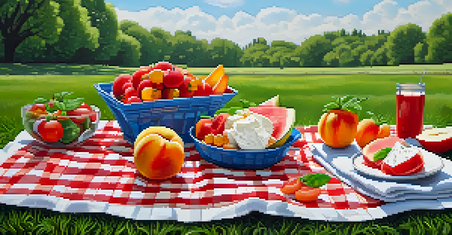 A summer picnic with juicy fruits and a Caprese salad on a checkered blanket in a sunny park.