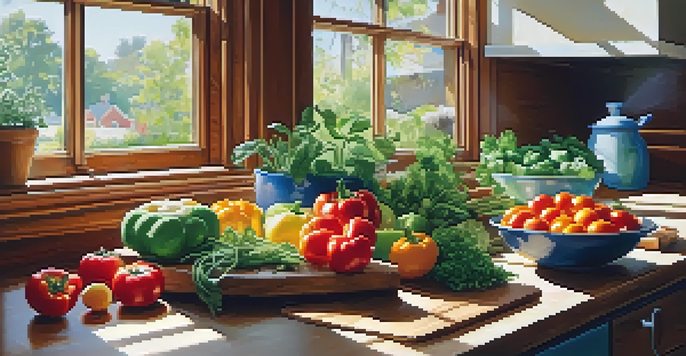 A brightly lit kitchen with fresh vegetables and fruits on a wooden countertop, showcasing a variety of colors and textures.