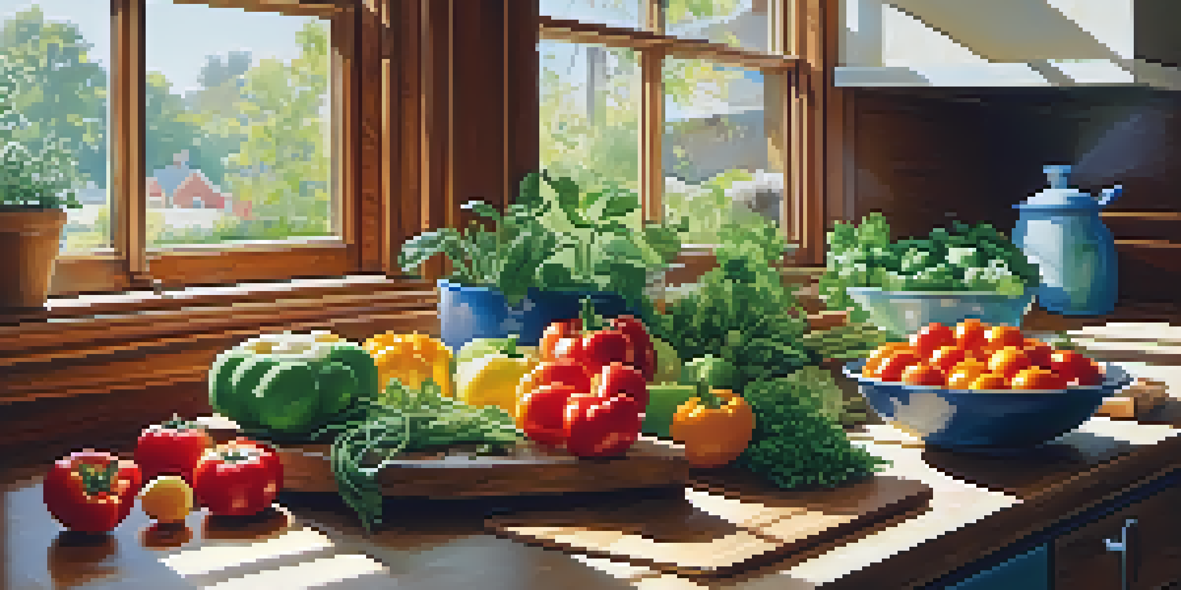 A brightly lit kitchen with fresh vegetables and fruits on a wooden countertop, showcasing a variety of colors and textures.