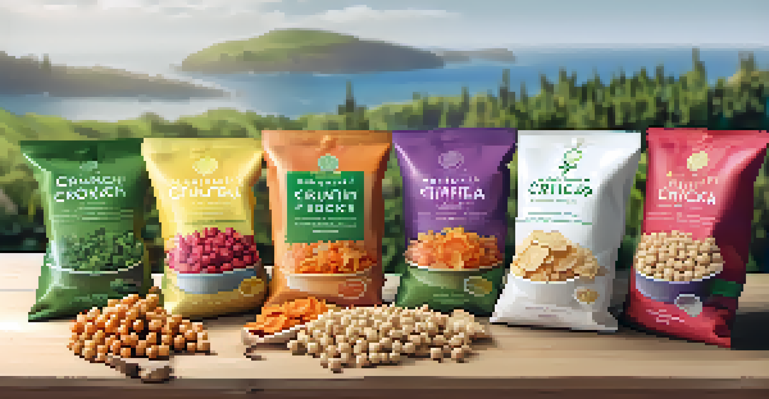 A variety of eco-friendly packaged plant-based snacks presented on a wooden platter with greenery in the background.