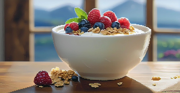 A bowl of plant-based yogurt with fresh berries and granola, illuminated by sunlight on a wooden table.