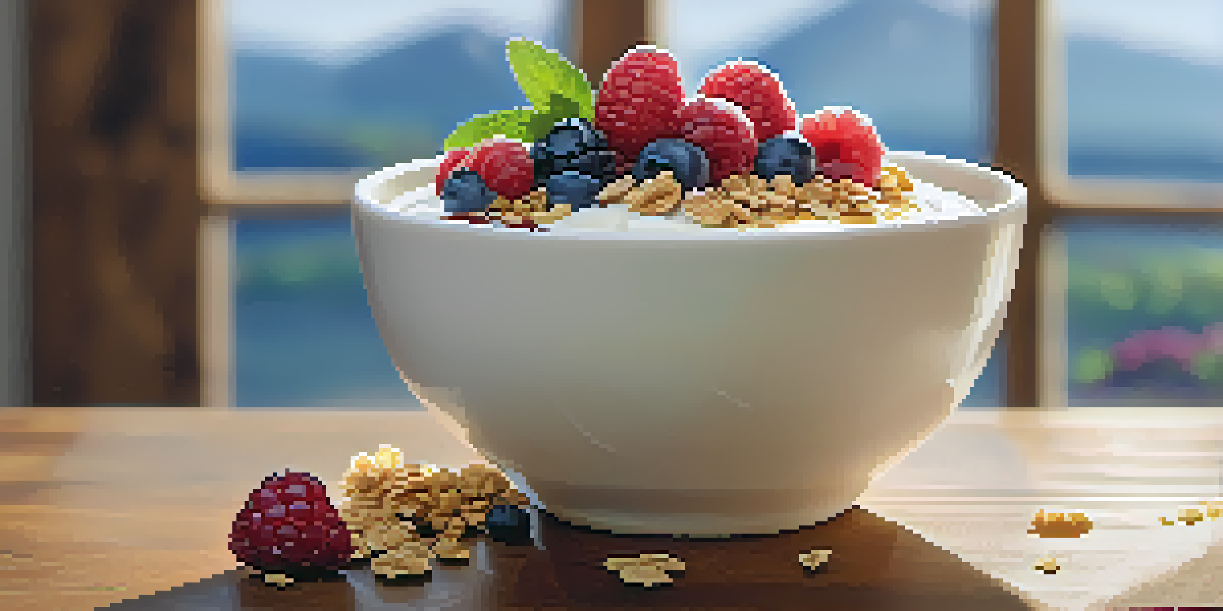 A bowl of plant-based yogurt with fresh berries and granola, illuminated by sunlight on a wooden table.
