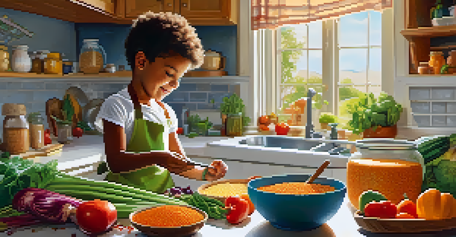 A child joyfully helping in the kitchen to prepare a vegan meal with bright vegetables and protein sources.
