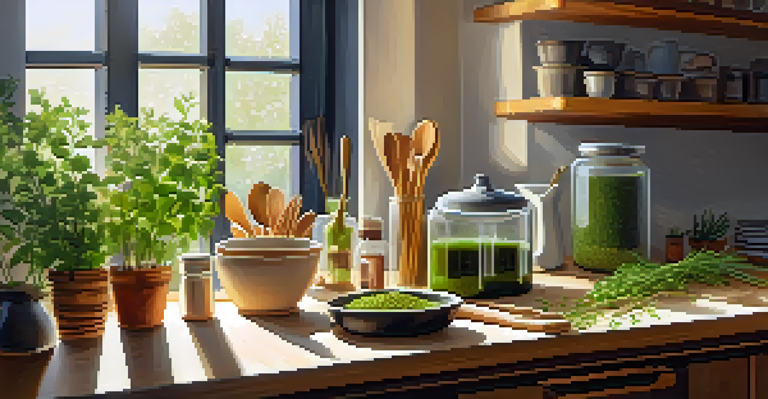 An eco-friendly kitchen showcasing plant-based cooking with bamboo utensils, glass containers, and potted herbs, illuminated by sunlight.