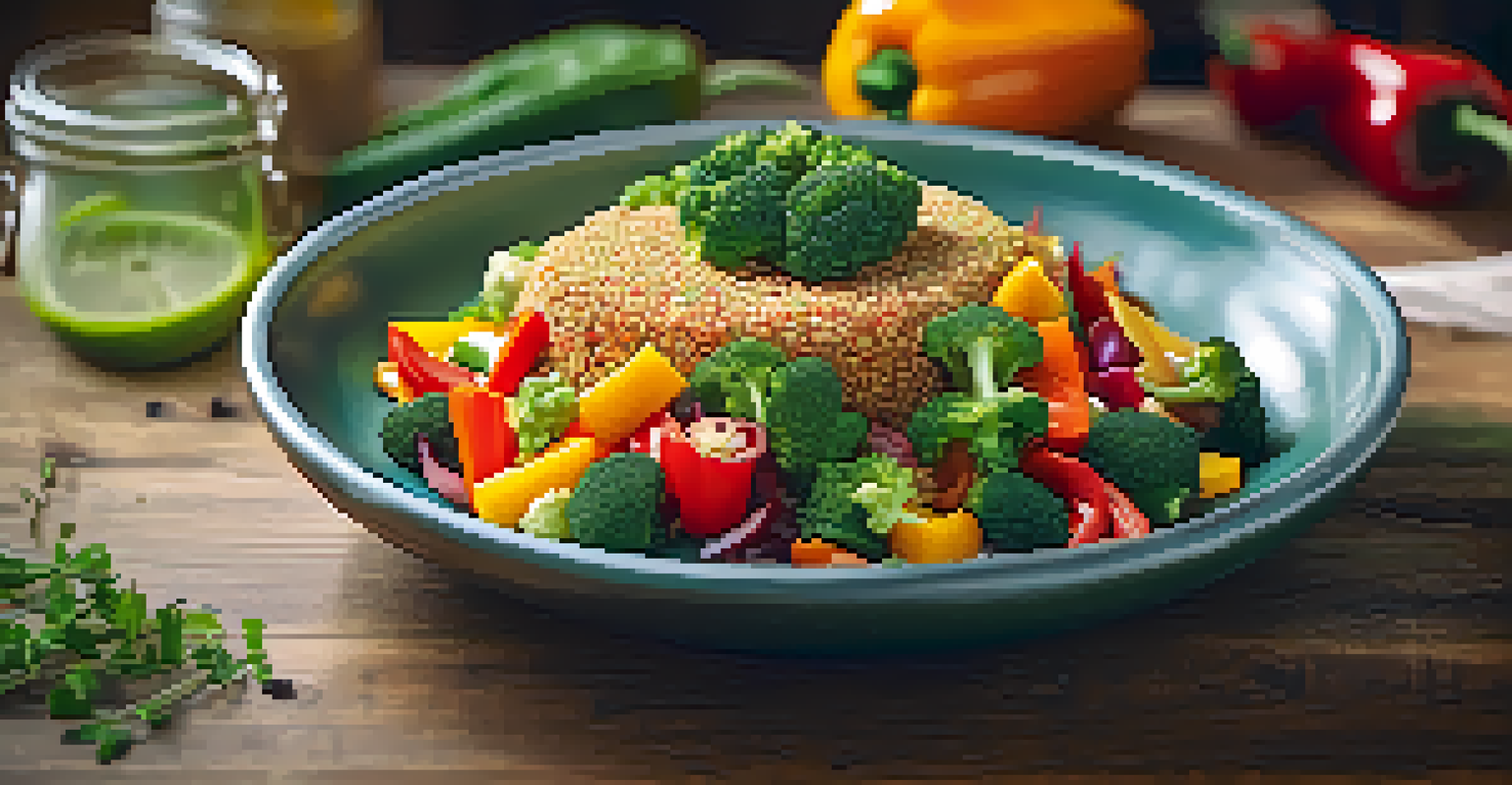 A beautifully plated vegan meal with quinoa, broccoli, and bell peppers, set on a rustic table.