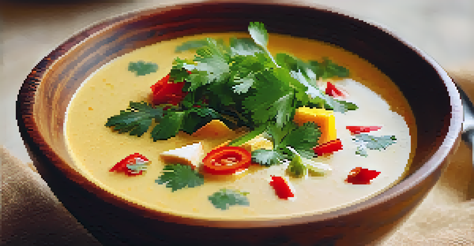 A creamy coconut curry soup in a coconut shell bowl, garnished with cilantro and chili, set against a tropical backdrop.