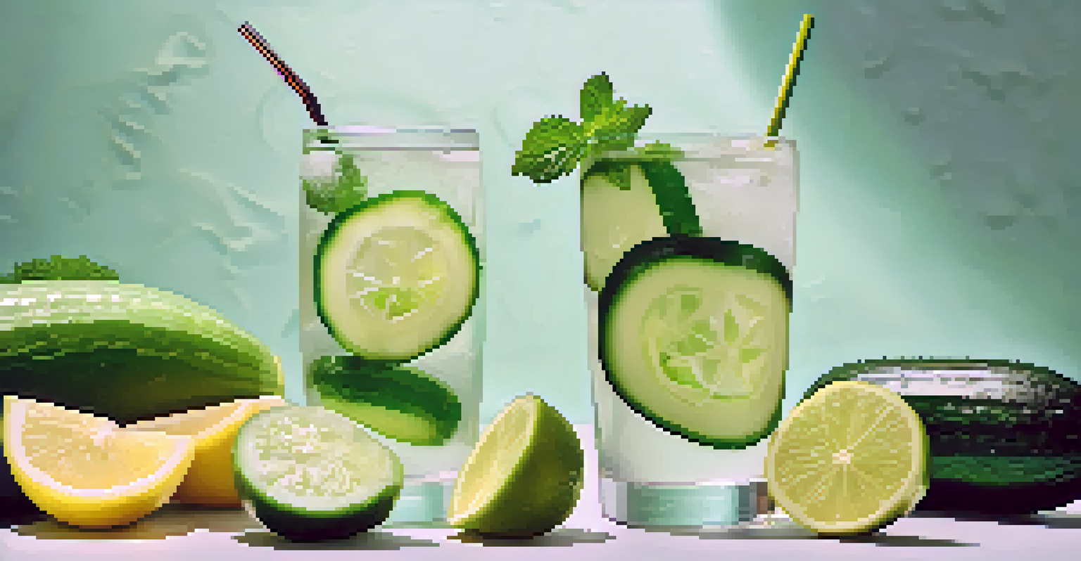 A flat lay of cucumber, celery, and herbal water on a light background, emphasizing hydration and freshness.