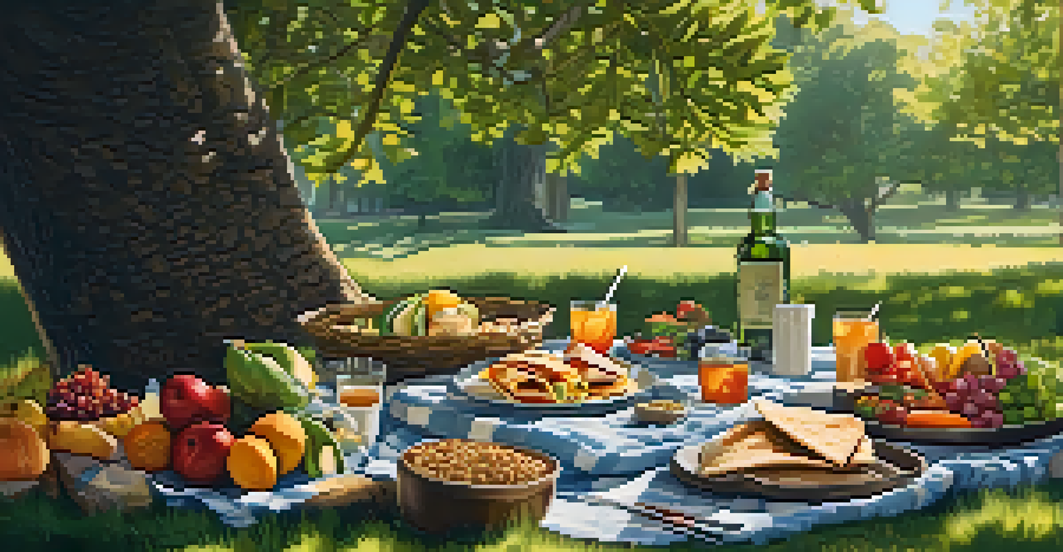 An outdoor picnic setup with a vegan feast, including wraps and fruits, under a tree with sunlight filtering through the leaves.