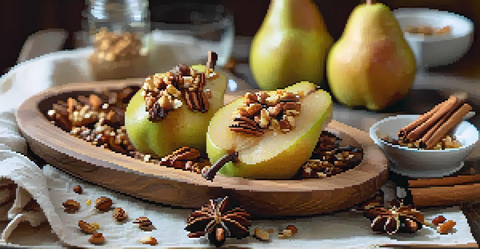 Baked spiced pears with maple syrup and nuts on a wooden platter, surrounded by spices.
