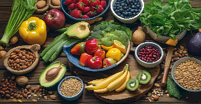 A flat lay of fresh vegan food items including fruits, vegetables, nuts, and grains arranged on a wooden table, illuminated by soft lighting.