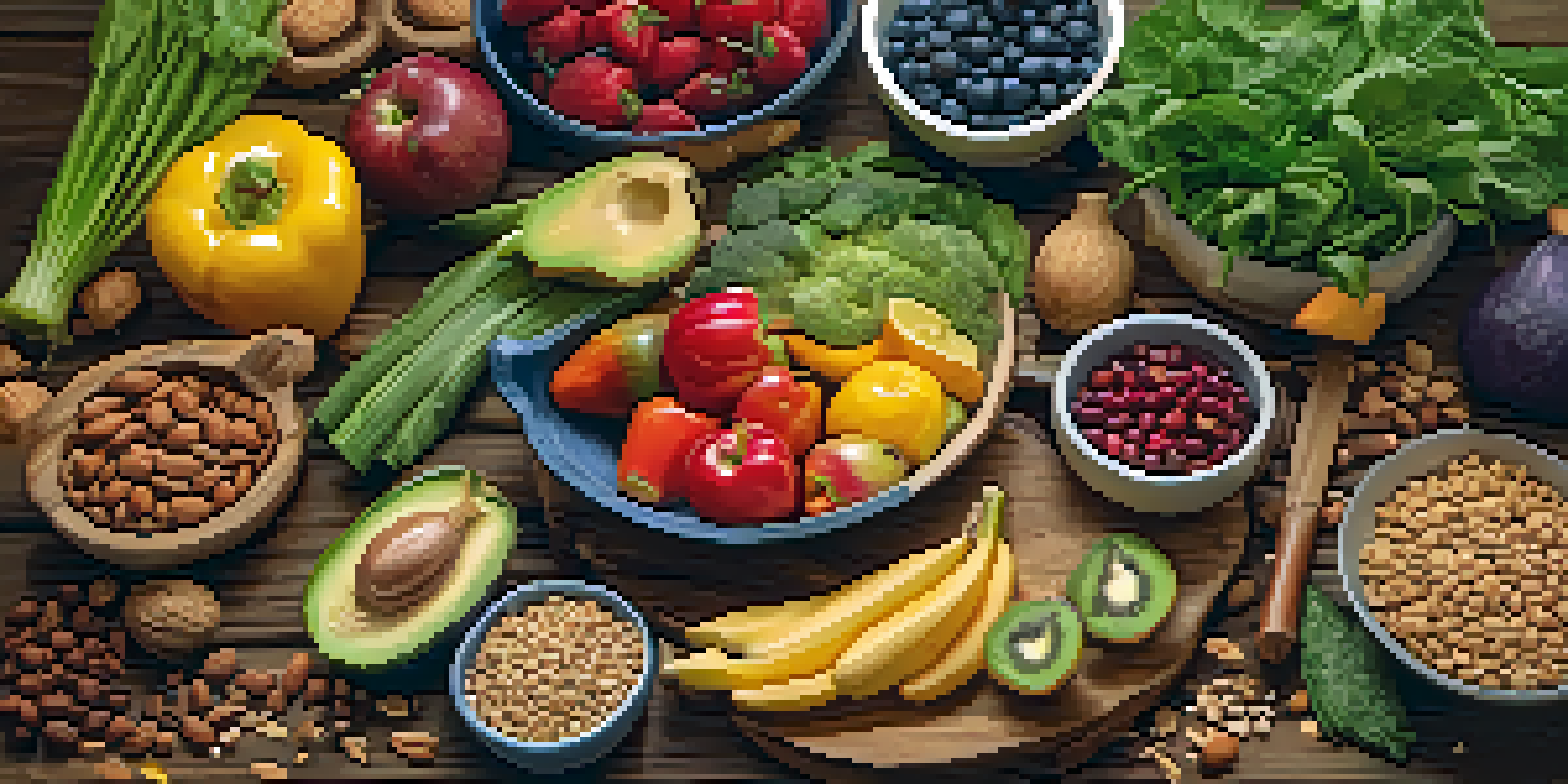A flat lay of fresh vegan food items including fruits, vegetables, nuts, and grains arranged on a wooden table, illuminated by soft lighting.
