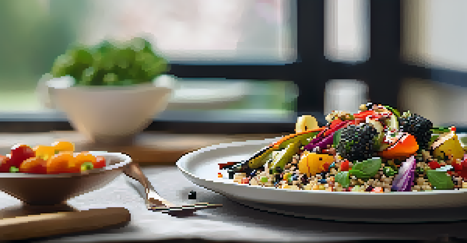 A close-up of a beautifully plated vegan dish with grilled vegetables and quinoa salad.