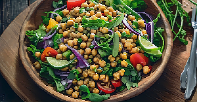 A close-up of a colorful vegan salad with lentils and chickpeas in a wooden bowl, garnished with herbs.