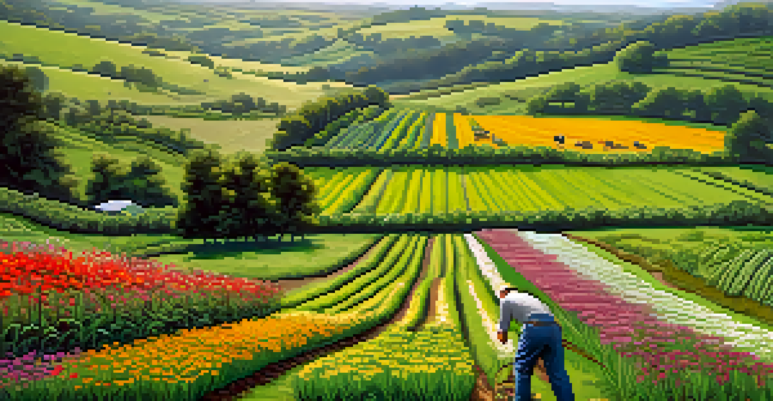 A picturesque farm with diverse crops and wildlife, showcasing regenerative agriculture and the connection between farming and nature.