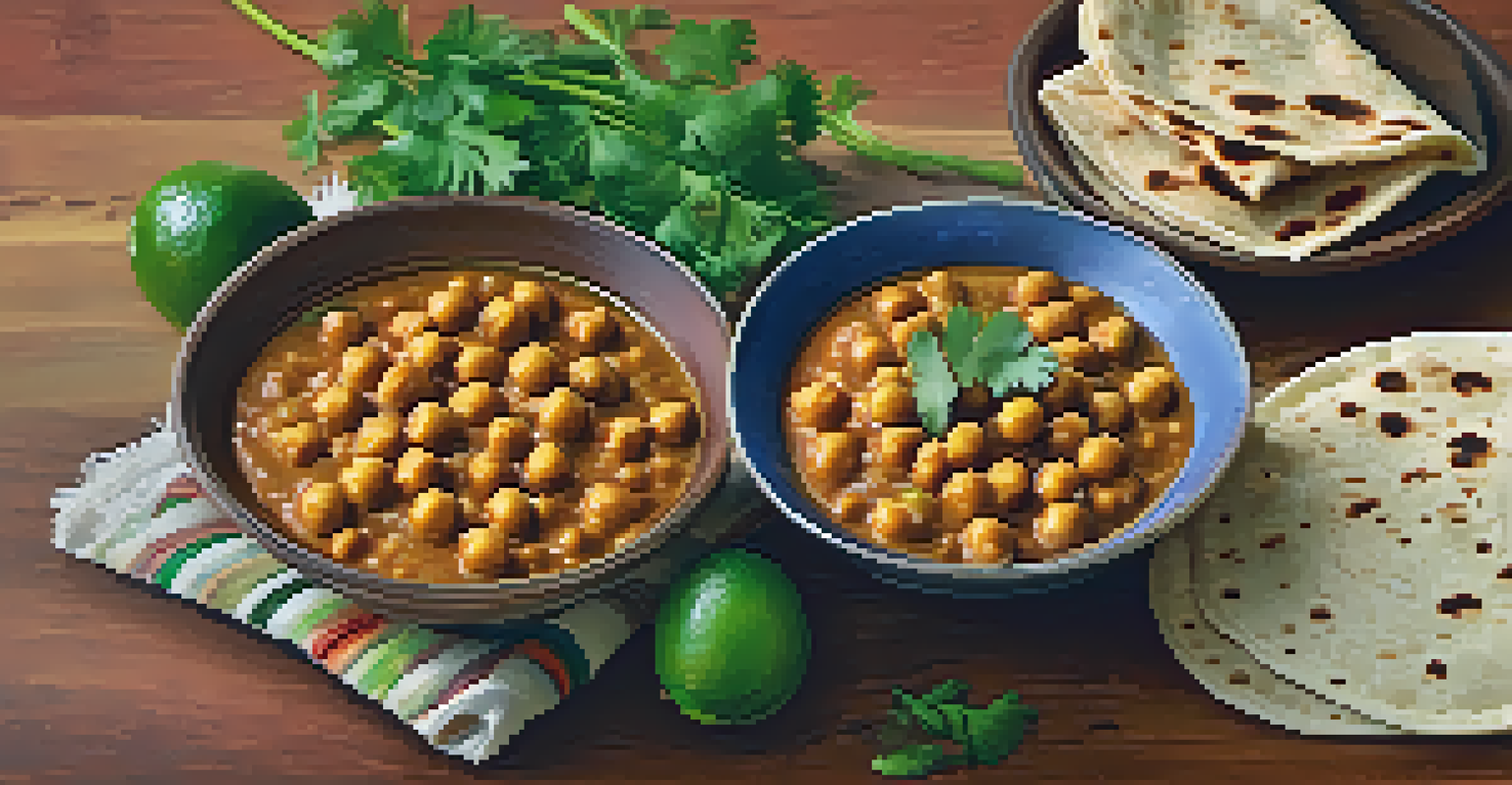 A close-up of chickpea curry in a rustic bowl with cilantro and lime, served with rice and naan on a textured cloth in a warm kitchen setting.