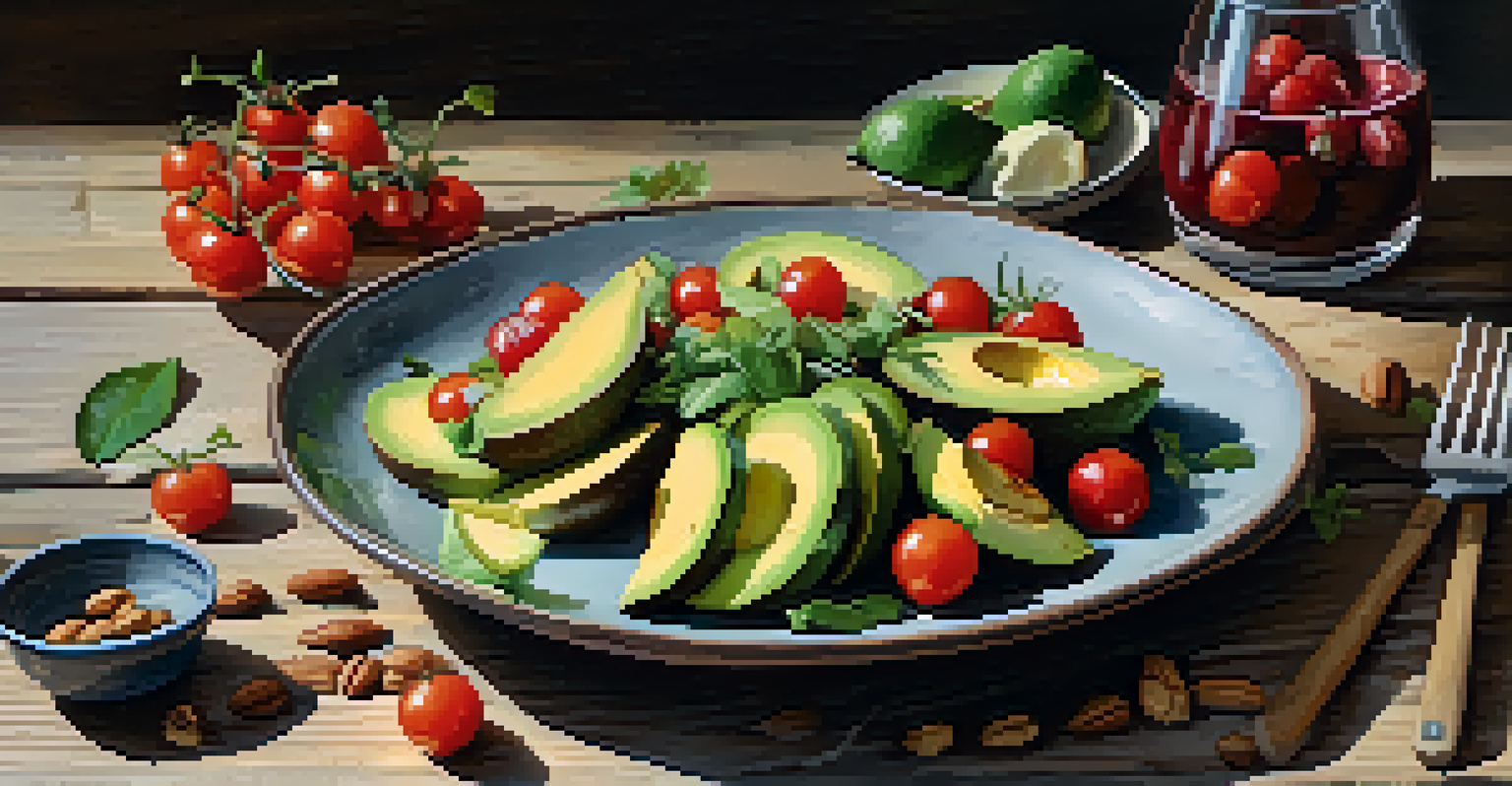 A close-up of a vibrant plate of vegan food with avocados, tomatoes, and nuts, set on a rustic table with natural lighting.