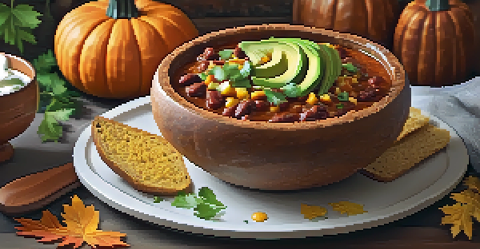 A warm bowl of vegan pumpkin chili in a bread bowl, garnished with avocado and cilantro, with autumn decorations around it.