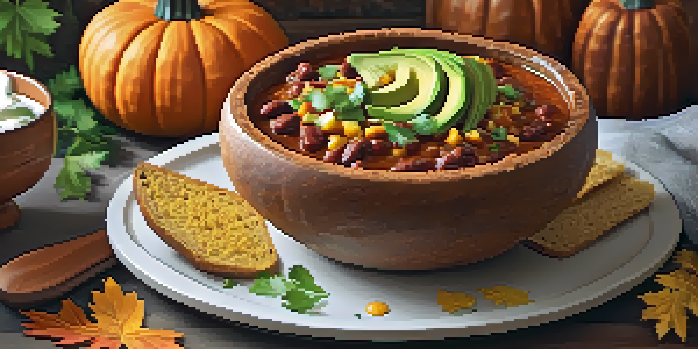 A warm bowl of vegan pumpkin chili in a bread bowl, garnished with avocado and cilantro, with autumn decorations around it.