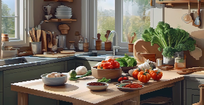 A small, organized kitchen featuring a cutting board that also serves as a storage container, with fresh vegetables and a shelf of spices.
