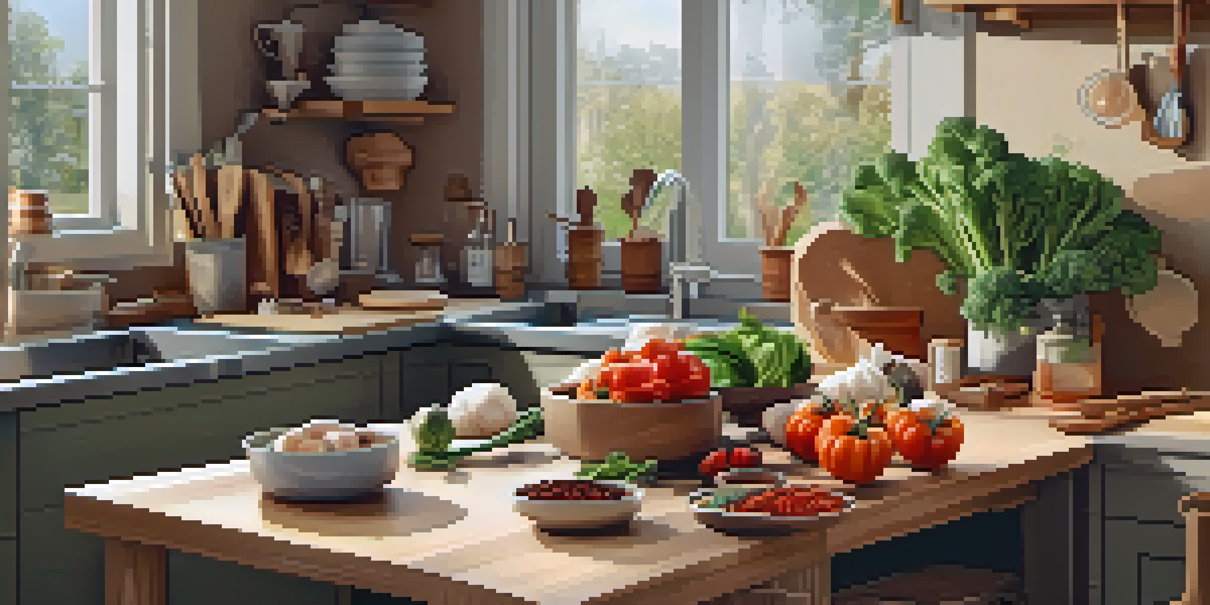 A small, organized kitchen featuring a cutting board that also serves as a storage container, with fresh vegetables and a shelf of spices.