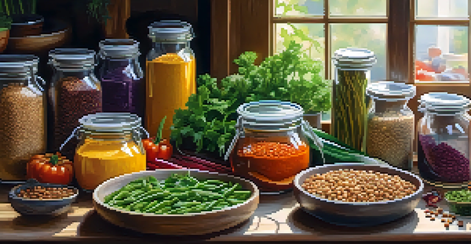 A colorful array of vegan meal prep containers filled with fresh vegetables, grains, and legumes on a wooden table, illuminated by natural light.