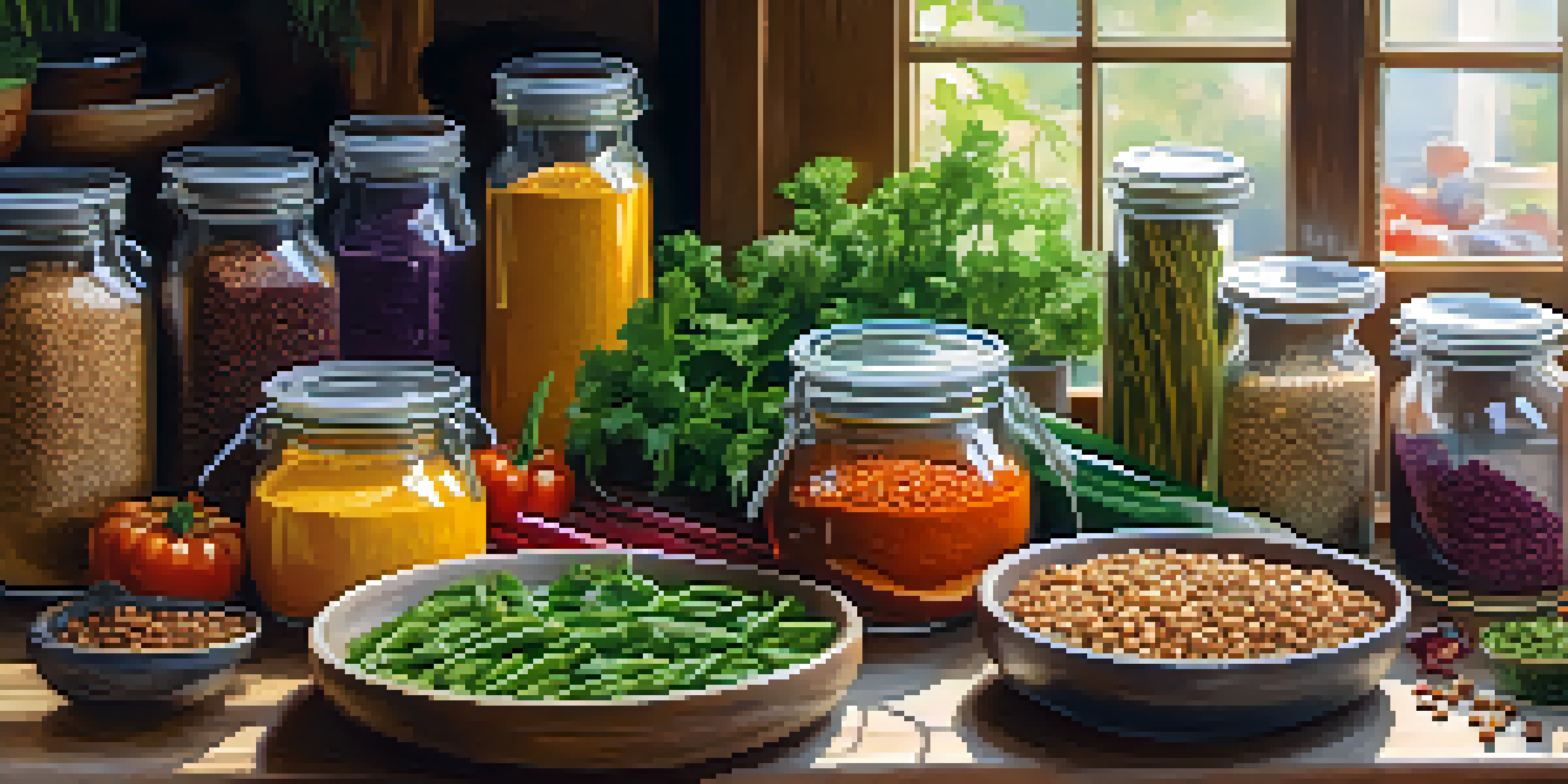 A colorful array of vegan meal prep containers filled with fresh vegetables, grains, and legumes on a wooden table, illuminated by natural light.