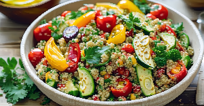 A colorful quinoa salad with roasted vegetables in a wooden bowl, garnished with parsley.