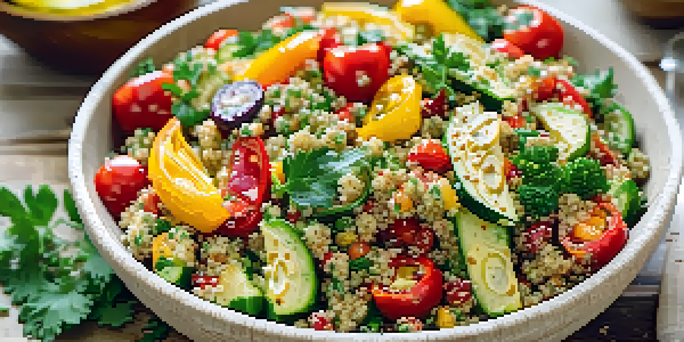 A colorful quinoa salad with roasted vegetables in a wooden bowl, garnished with parsley.