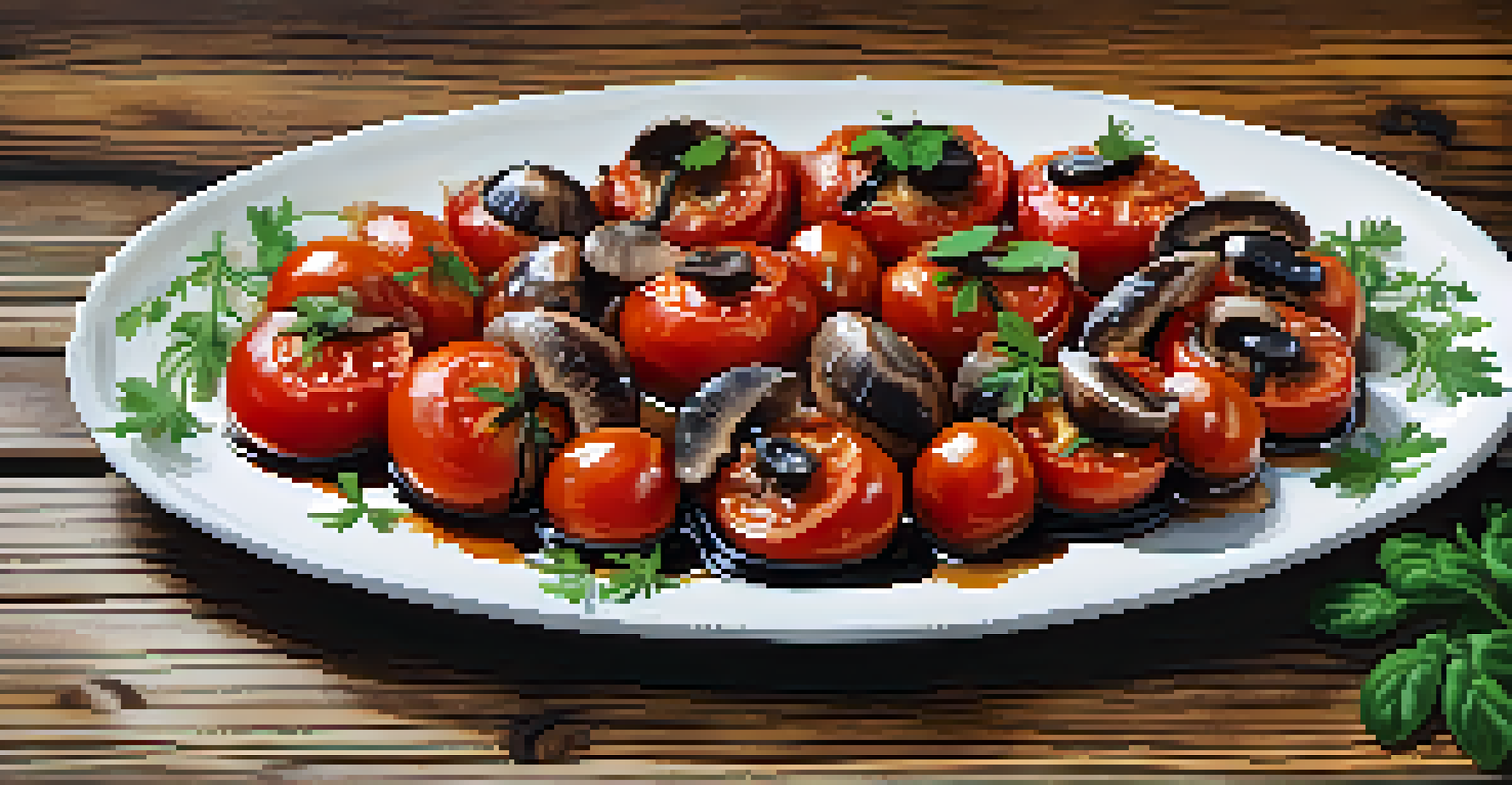 A beautiful plate of roasted tomatoes and sautéed mushrooms garnished with fresh herbs and balsamic reduction on a rustic wooden background.